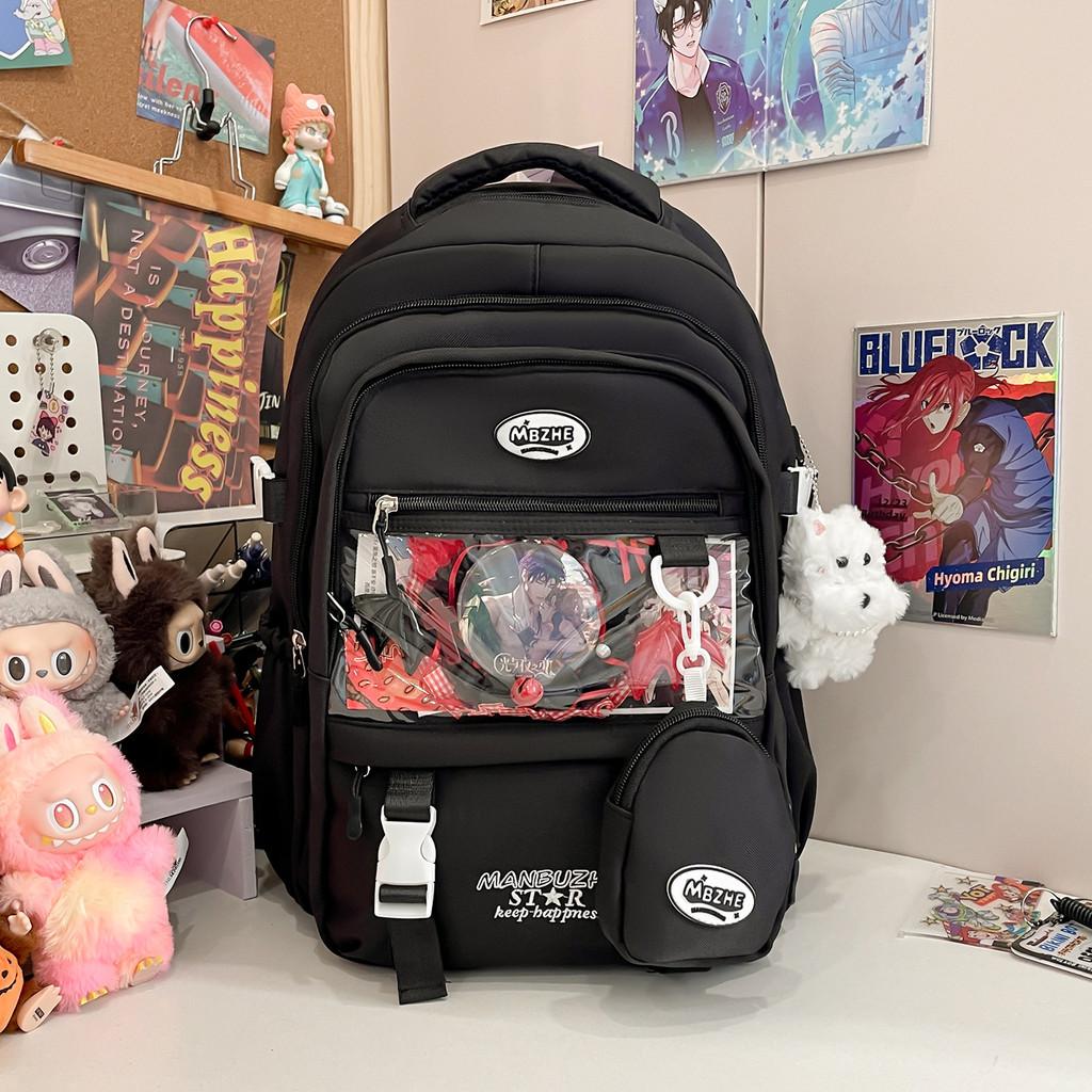 Color Solid Simple Letter Embroidery Student Backpack With Pendant And Badge