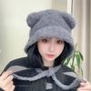 Cute Bear Ear Knitted Hat for Women, Autumn and Winter, Makes the Face Look Smaller, Ear Protection, Warm, Large Head Circumference, Gray Beanie