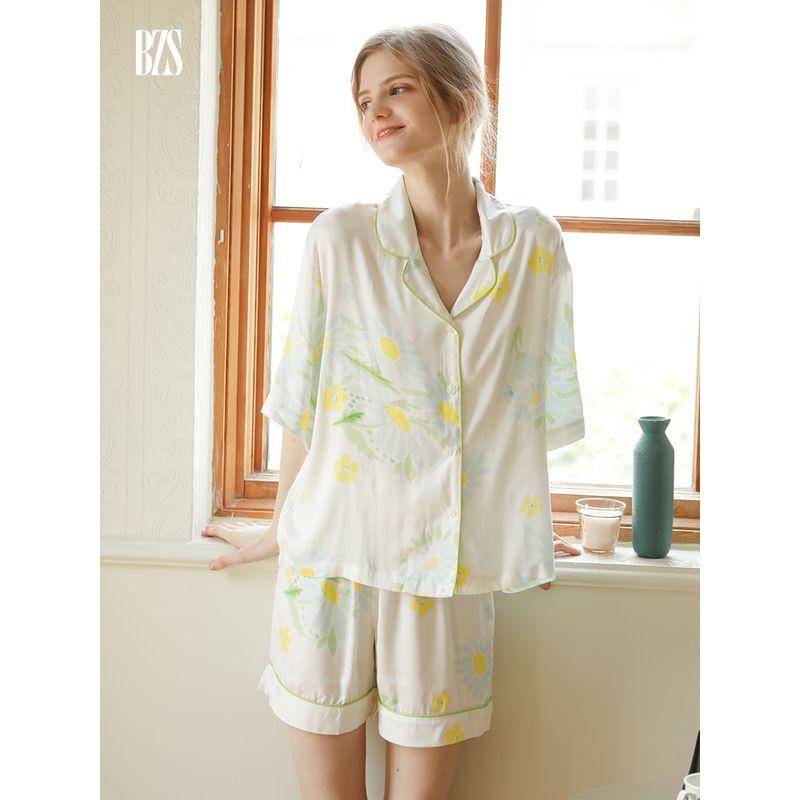 2024 Summer Tribute Satin Sunflower Pajamas Women Thin Loose Version Short sleeve Cotton Silk Trousers Rayon Homewear