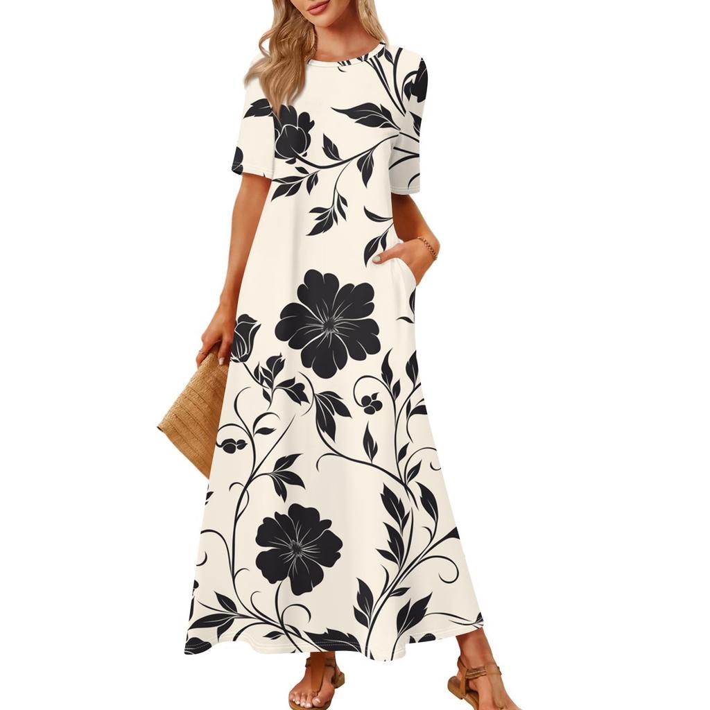 Dames Modieuze En Casual Lange Strandrok Ronde Hals Korte Mouwen Losse Retro Print Jurk