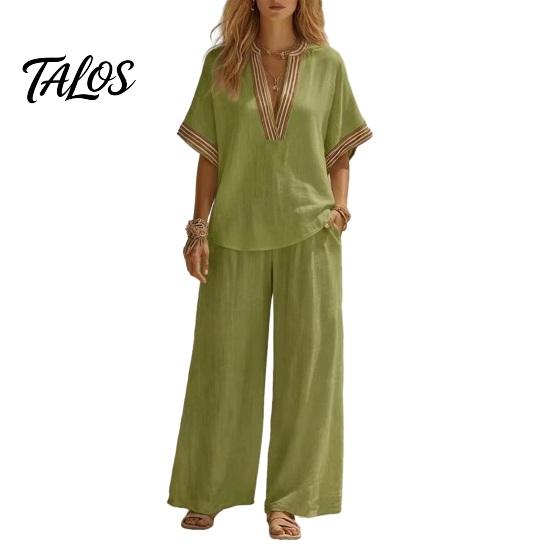 Muskelversteckende Hosen Color Block 2-teilige Sets für Damen, Kurzarm V-Ausschnitt Locker geschnittenes Hemd Damen Oberteil und Weite Hosen Passende Sets, Sommerurlaub