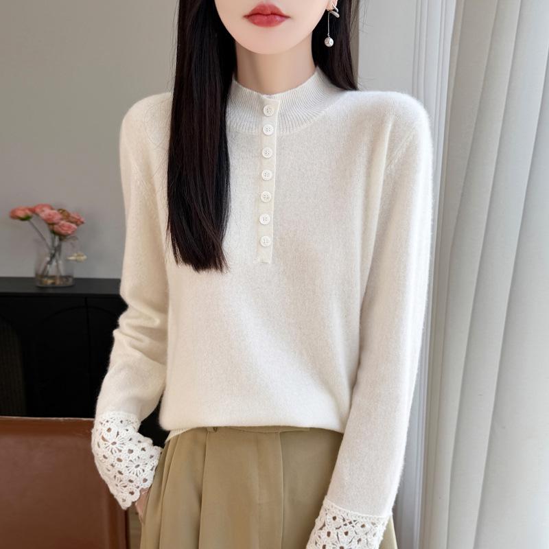 2025 Korean Style Women's Heavy Knit Wool Sweater: Versatile Hollow-Out, Half-High Neck, Slimming Base Layer