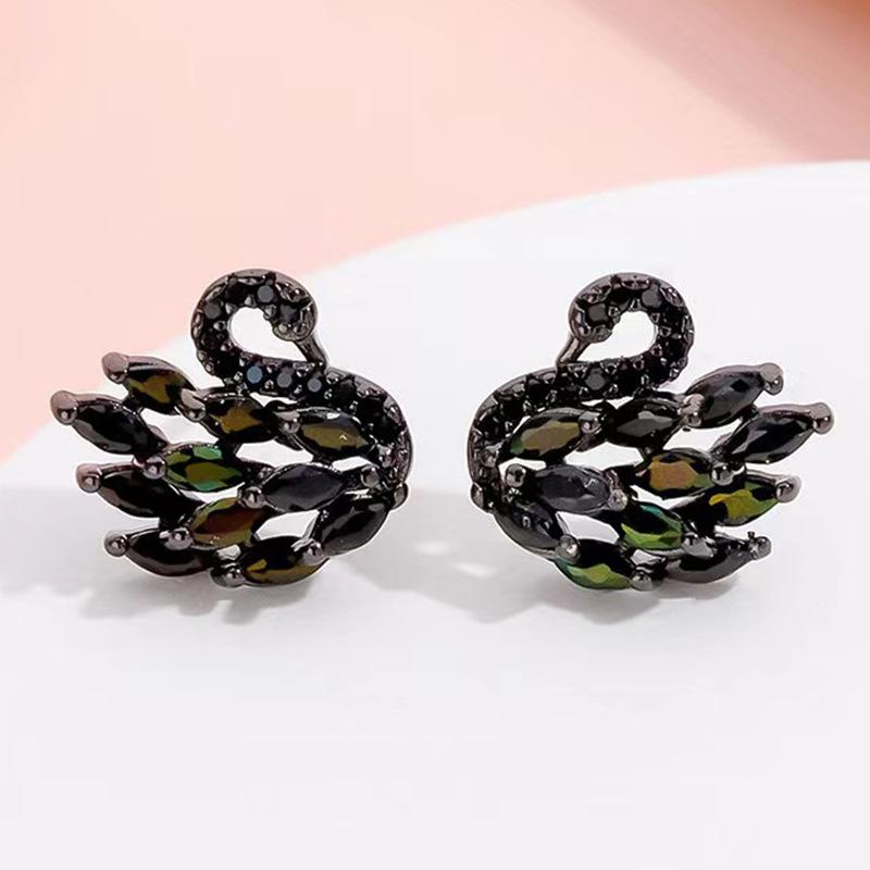 New Electroplated Gradient Color Diamond Black Swan Earrings for Women's Fashion Trend, High-end Temperament Earrings