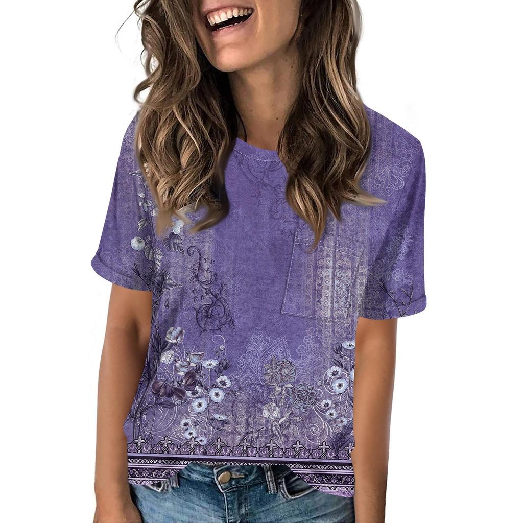 Women's Pocket Floral Print Summer Short Sleeved Round Neck Casual Loose T-shirt Top