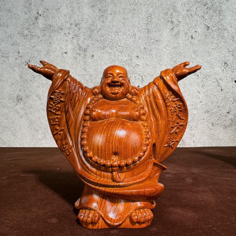 Ebony Maitreya Statue: Solid Wood Carving Welcoming Guests, Embracing Wealth with a Big Belly Laugh
