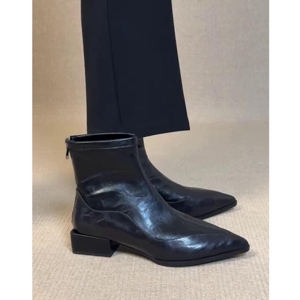 Schafsleder~ Französische spitze Stiefeletten Damen 2025 neue Pendler dicker Absatz dünne Stiefel super angesagt Herbst Chelsea Boots