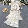 Autumn Women's High-End French Style Suit: Round Neck Blazer & Mesh Pleated Skirt
