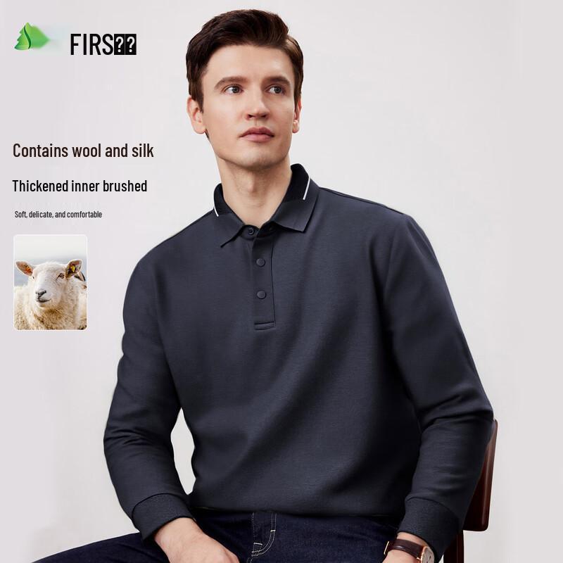 FIRS Men's Wool & Silk Blend Thickened Brushed Long Sleeve Polo Shirt