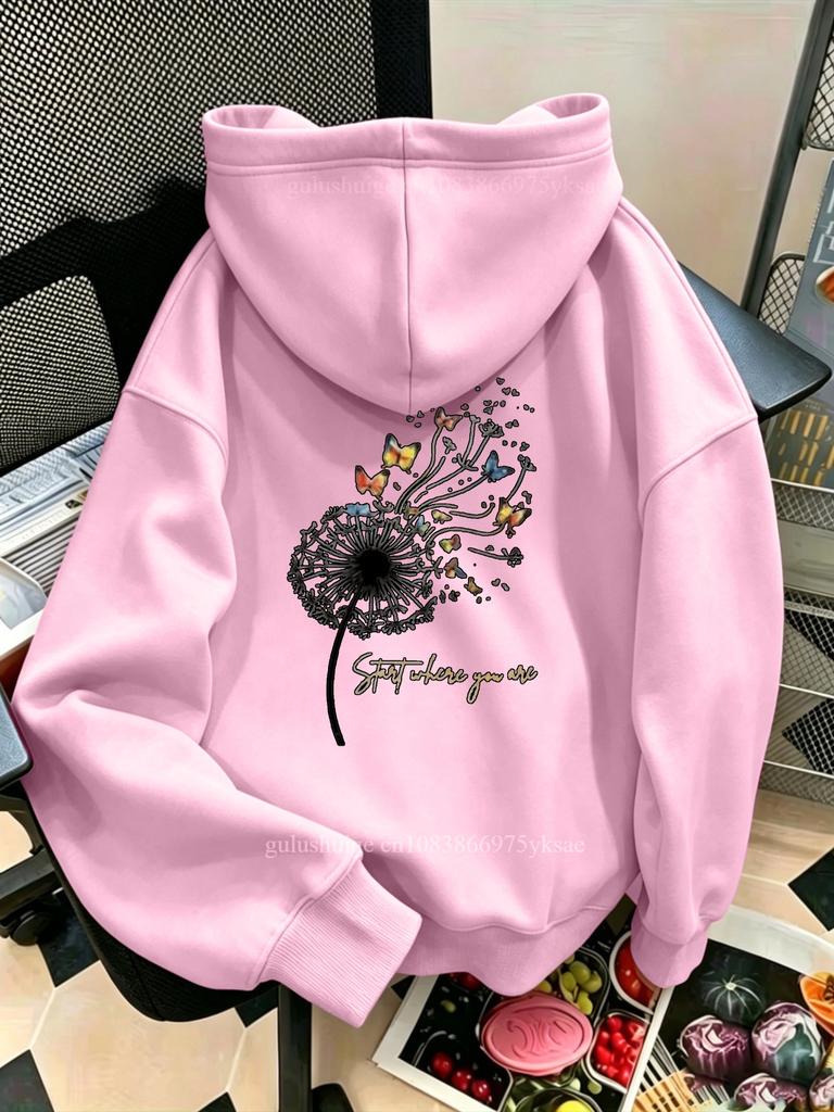 Casual Hoodie Halloween Gifts Dandelion Butterfly Start Where You Are Print Autumn Winter Fall Clothes For Women Girls