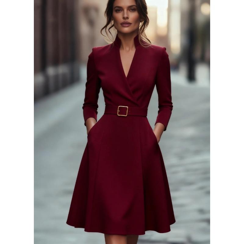 Women's Belted High Waist V Neck Long Sleeve Flared Midi Dress Party Formal Dress