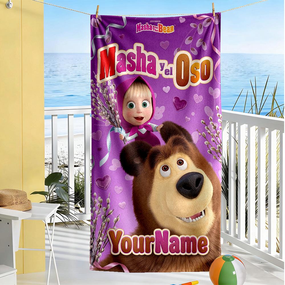 Masha Bear Personalized Text Beach Towel High Absorbency & Quick-Dry Suitable for Swimming Gym Camping Yoga Vacation