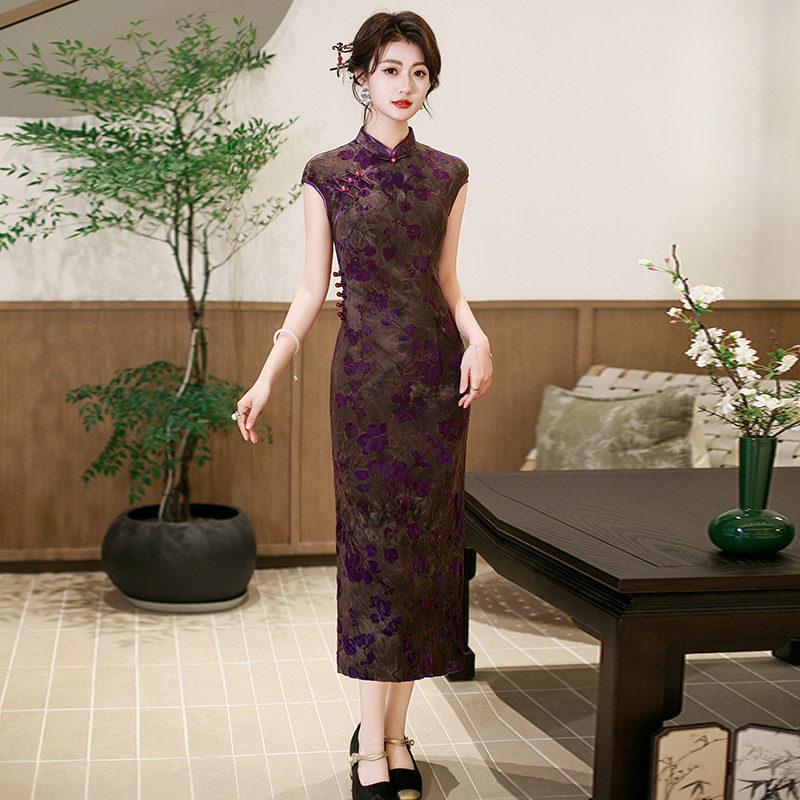 Purple national style, new Chinese sleeveless mother outfit, long style, improved cheongsam, new women s high sense summer M