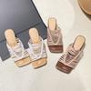 Fashion French Elegant Retro Hollow Woven Square Head Peep Toe Roman Sandals Comfortable Cool Slippers Casual All-match Women's Shoes
