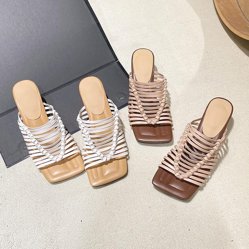 Fashion French Elegant Retro Hollow Woven Square Head Peep Toe Roman Sandals Comfortable Cool Slippers Casual All-match Women's Shoes