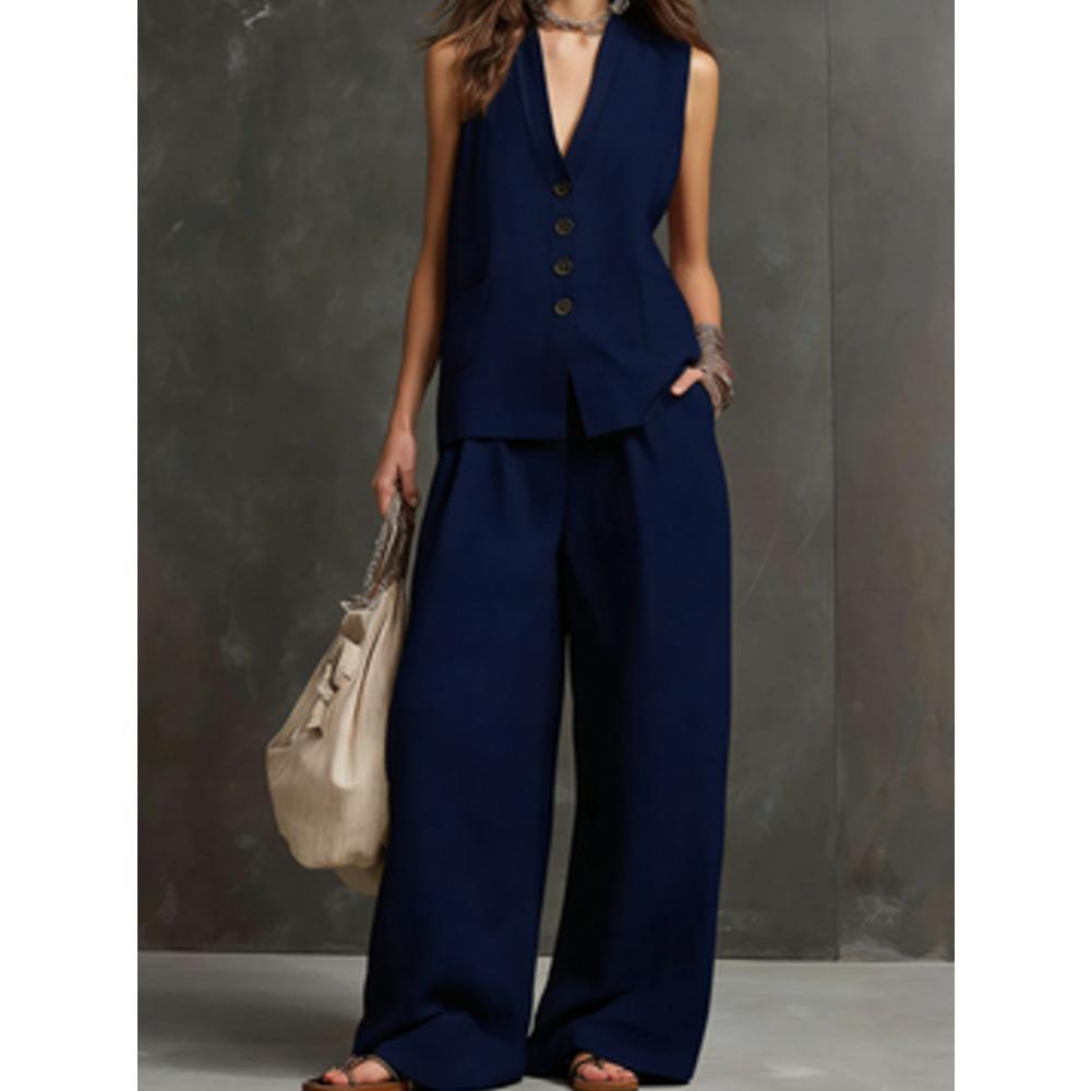 Completo da Donna in Due Pezzi con Gilet Scollo a V Senza Maniche Monopetto e Pantaloni a Gamba Larga Vita Alta Aspetto Lino