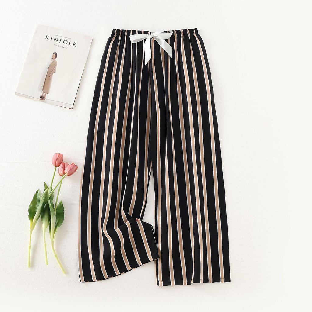 Women's Cotton-Silk Cartoon Pajama Pants, Summer Thin, Black & White Wide-Leg, Plus Size, Outdoor Beach Wear.