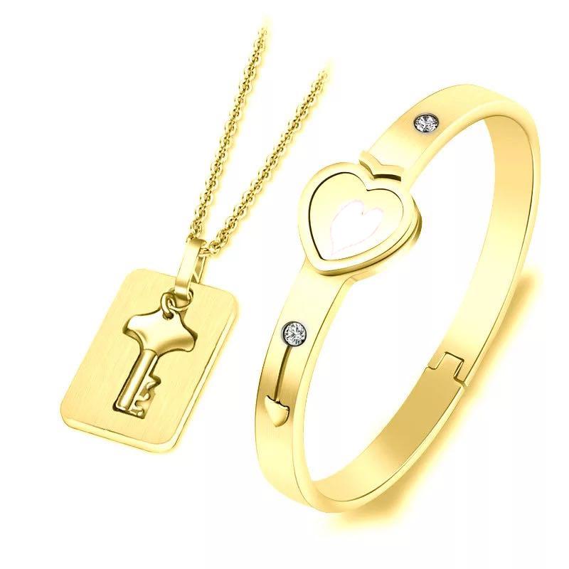 Set di Braccialetti con Lucchetto d'Amore Chiave per Coppia Creativa Transfrontaliera in Acciaio al Titanio