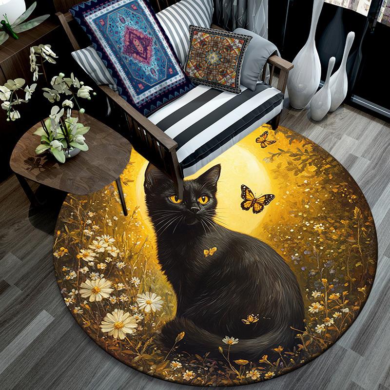 Black Cat Round Area Rug,Carpet Rug for Living Room Bedroom Sofa Playroom Decor,Non-slip Floor Mat