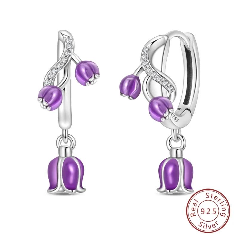 New 925 Silver Bee Butterfly Pink Lily Lotus Earrings for Women Cherry Apple Strawberry Ear Studs Elegant Party Jewelry