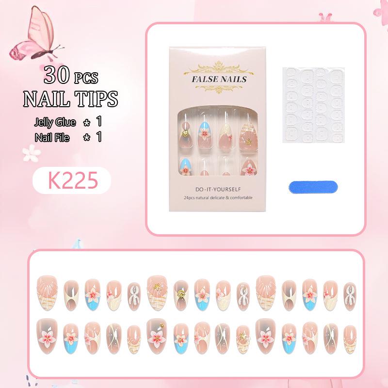 3D Stereo Flower Short French Rhinestone Almond Shell Wearable Nail Art Tips