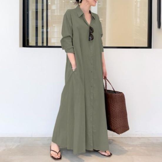 Long Shirt Solid Long Front Maxi [NICE SELECTION] Women's Dress, Dress, Color, Sleeves, Opening, Pockets, Length, Figure-Flattering (JP, Alphabet, M,