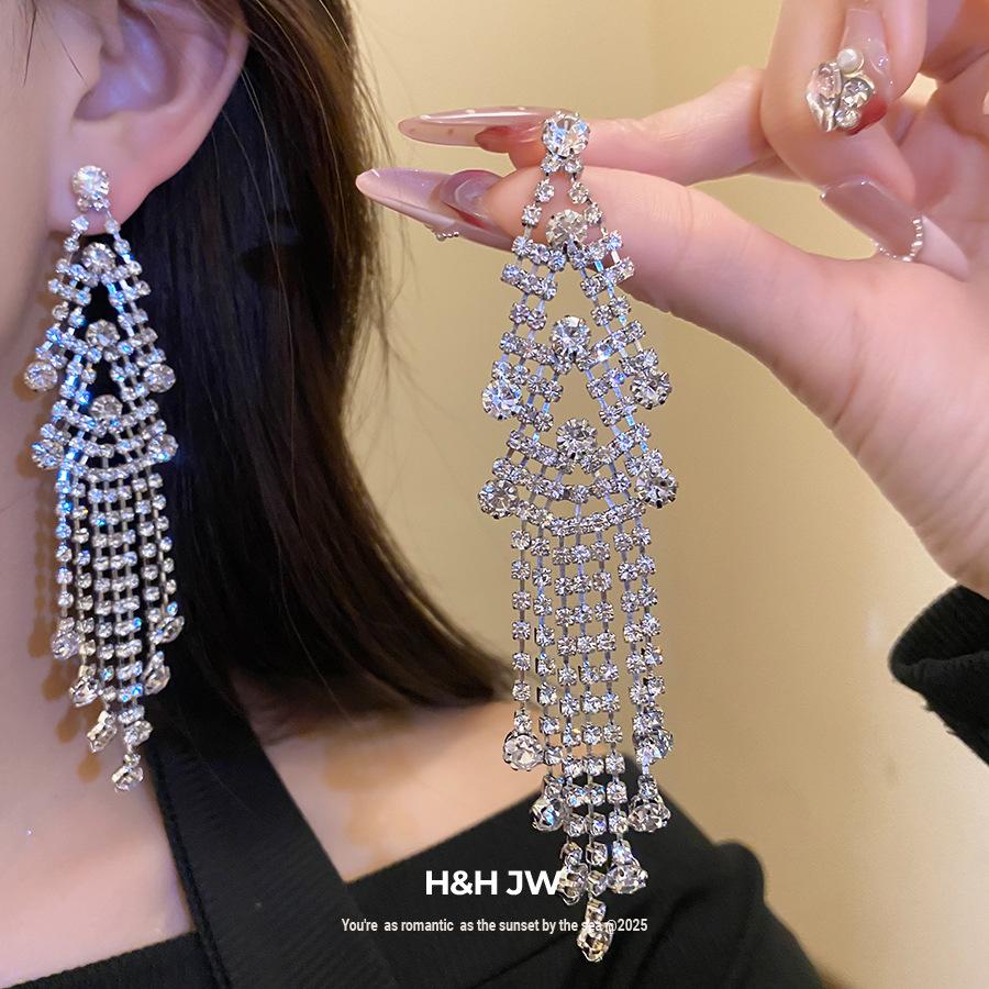 Silver Needle Diamond Round Fringed Earrings Light Luxury High Sense Exquisite Fashion Earrings European and American Cold Wind Earrings