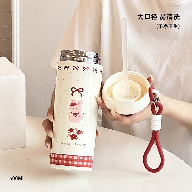New stainless steel float thermos cup high value outdoor portable rope straw cup cute cartoon water cup