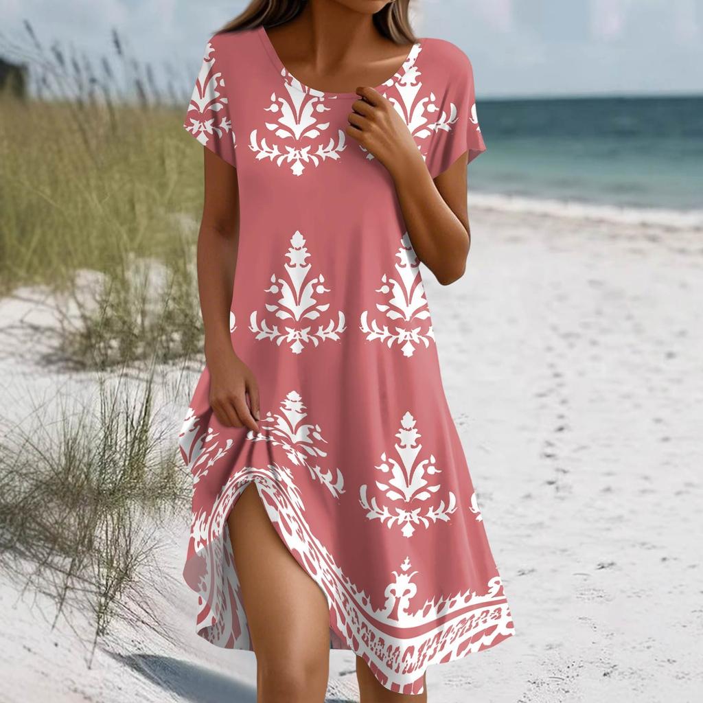 Women's Summer Short Sleeve Round Neck Floral Print Bohemian Dress With Pockets