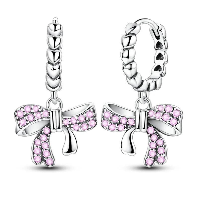925 Silver Pink Bow Charms Earrings Rings Christmas Bell Pendant for DIY Jewelry Gift