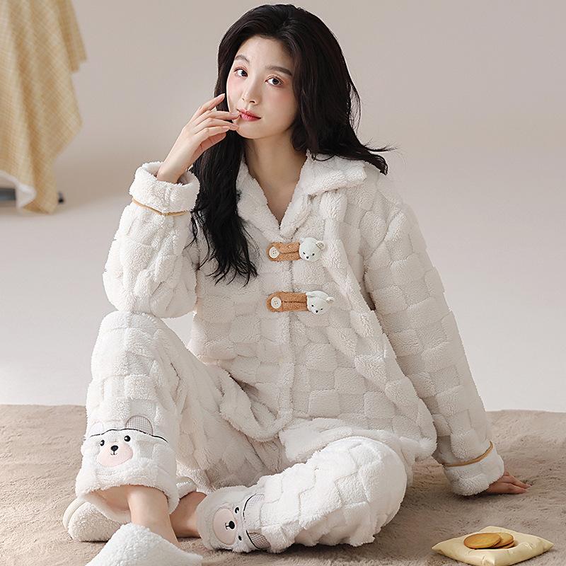 Can Be Worn Outside Coral Velvet Pajamas Women's Winter Two-piece Set Thickened Fleece Flannel Loose Large Size Warm Loungewear