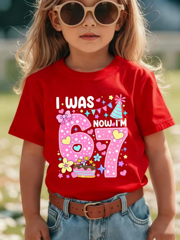 67 Meme T-Shirt for Girls 6-7 Years Old Birthday Party Gifts Summer Short Sleeve Tees Crew Neck Graphic Y2k Children's Clothing