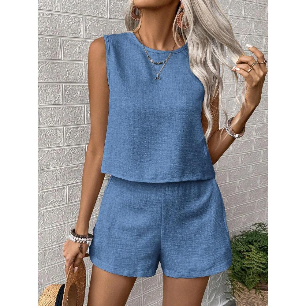 Women's Solid Color Simple Fashion Casual Sleeveless Top and Shorts Set