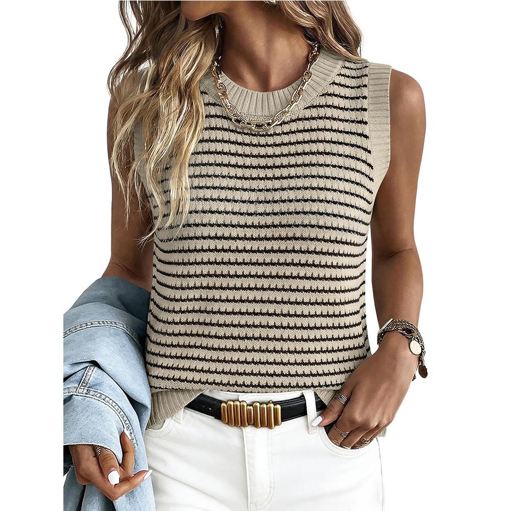 

Summer New Style Women s Round-neck Sleeveless Striped Knitted Cardigan Top with Open Front Sweater XL абрикосовий