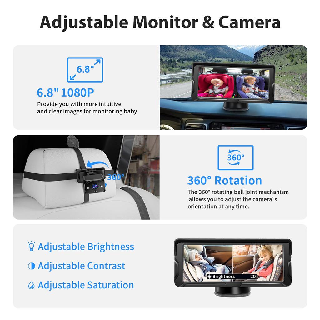 Baby Car Camera Dual Channel 6.86 Inch 1080P Baby Monitor with IR Night Camera and 150 degrees Wide Viewing Angle for Rear Facing Seat