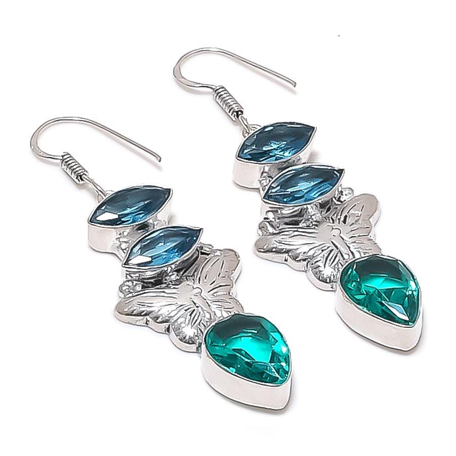 Natural Indicolite Tourmaline, Topaz 925 Sterling Silver Earring 2.36" h9s00