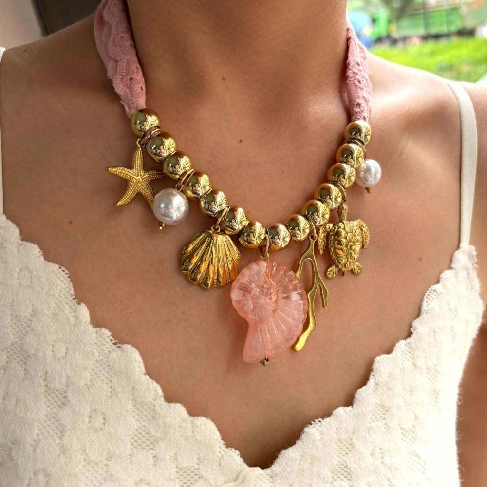 Flower Beach Ocean Series Necklace Conch Dopamine Necklace Cloth Wrap Scarf Chain Necklace  Male
