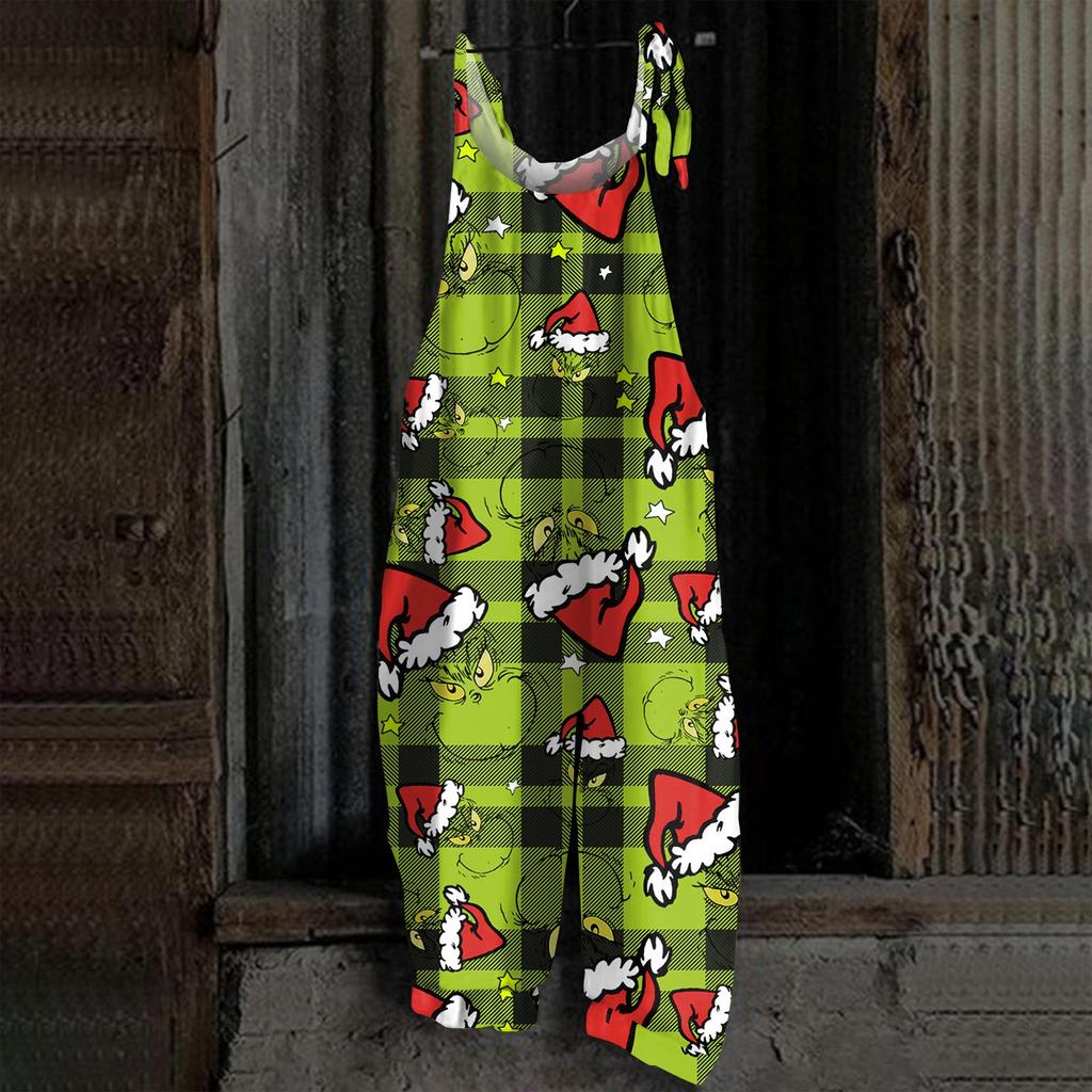 Damen Jumpsuit Halloween Print Lässig Locker Vintage Schulterträger Baumwolle Leinen