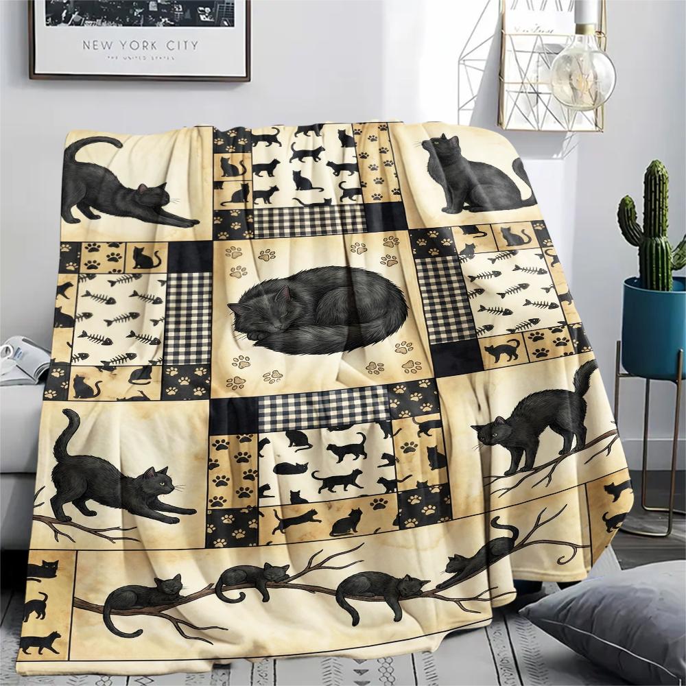 1Pc Patchwork Cat Print Flannel Blanket, High quality Comfortable for All Seasons, Home Decor, Warmth and Comfort, Perfect for Christmas Gifts63
