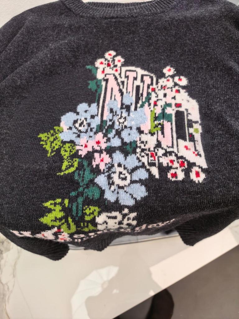Wool Blend Floral Letter Pattern Round Neck Loose Sweater