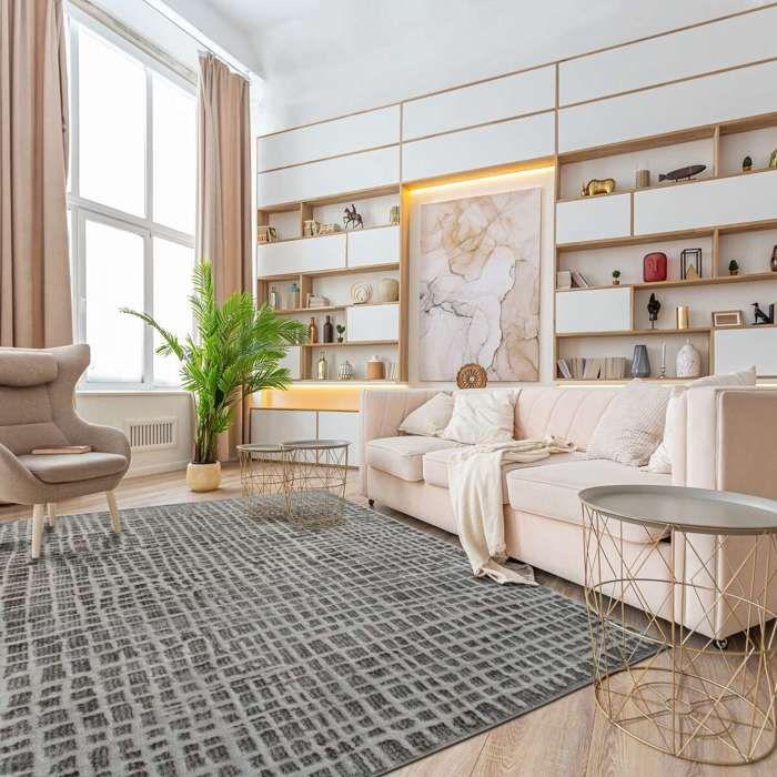 Modern Living Room Rug with Beige Ivory Square Patterns 120x170