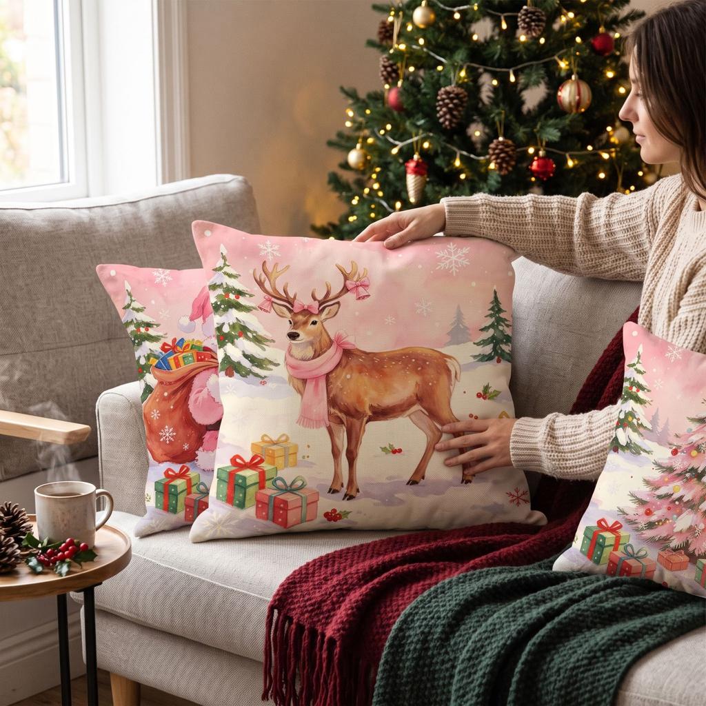 Set of 4 Winter Christmas Throw Covers with Snowman and Christmas Tree Print, Linen Cushion Cases for Sofa and Home Decor