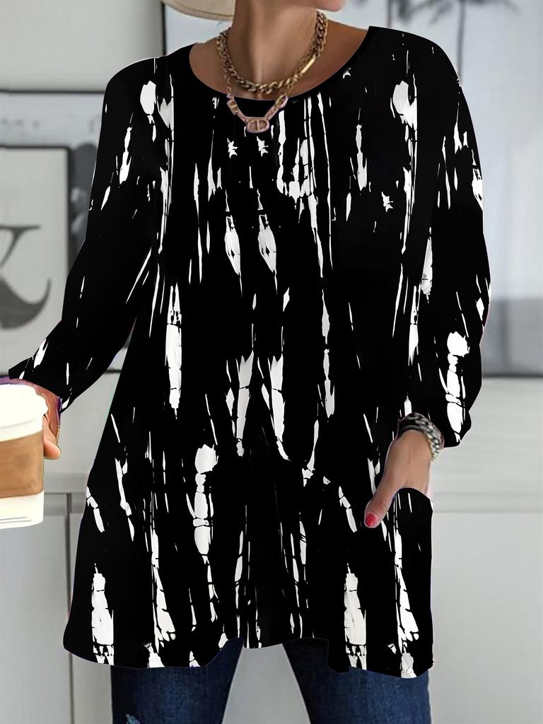 2025 Autumn Winter New Plus Size Women's Tops, Grid Pattern 3D Print Fashion Crew Neck Long Sleeve T-Shirts