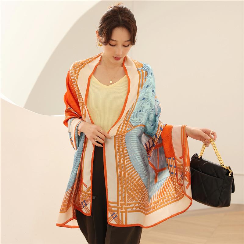 Elegant temperament ladies air-conditioning long shawl fashion colour blocking thin section holiday silk scarf scarf