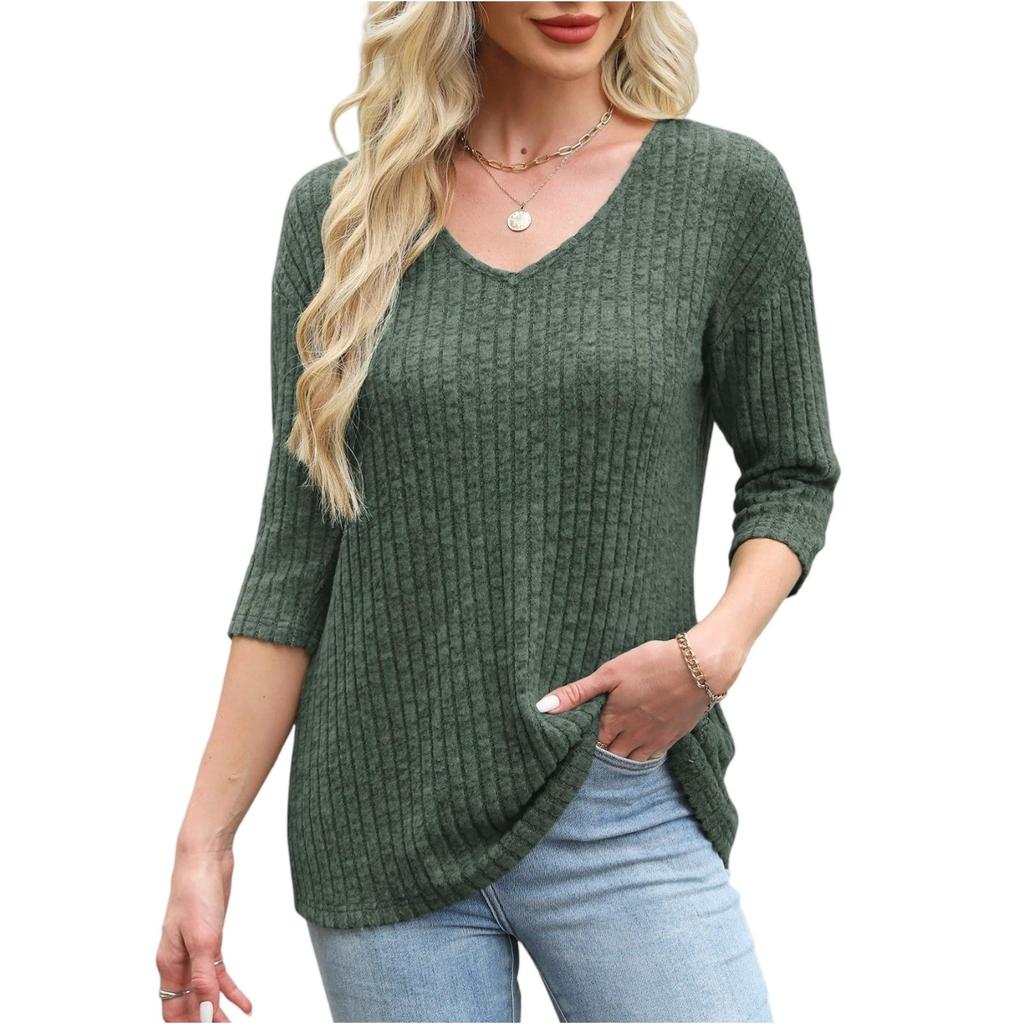 Women's Fashion 7-inch Sleeve Pullover Solid Color Top