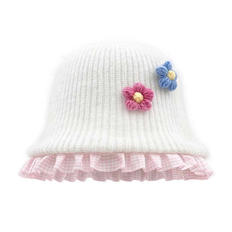 Sweet flower plush bucket hat women's autumn and winter warm versatile knitted hat showing face small wool hat tide