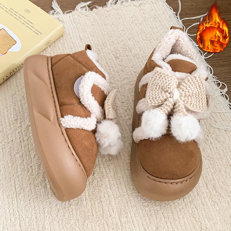 Fashion Cute Fluffy Winter Boots for Women 2025 Faux Fur Bowtie Pink Snow Boots Woman Warm Plush Kawaii Ball Ankle Boots Shoes Woman
