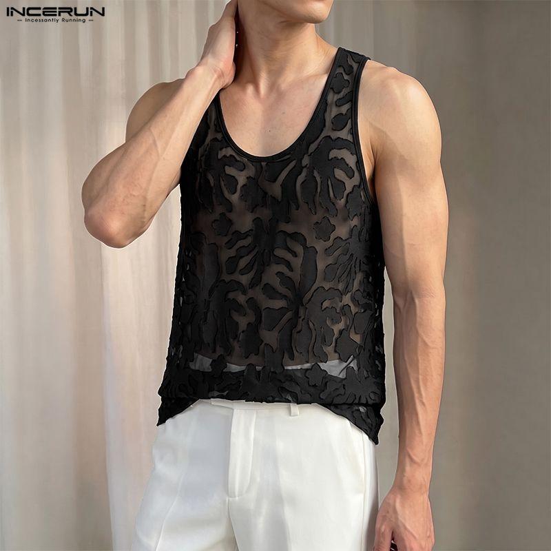 INCERUN Herren U-Ausschnitt Ärmellos Textur Netz Durchsichtig Locker Tanktops Party Clubwear