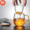 Hi Creative Glass Tea Infuser Cup With Transparent Filter Handle Bamboo Lid Heat-resistant Flower Teacup Office Tea Mug Drinkware