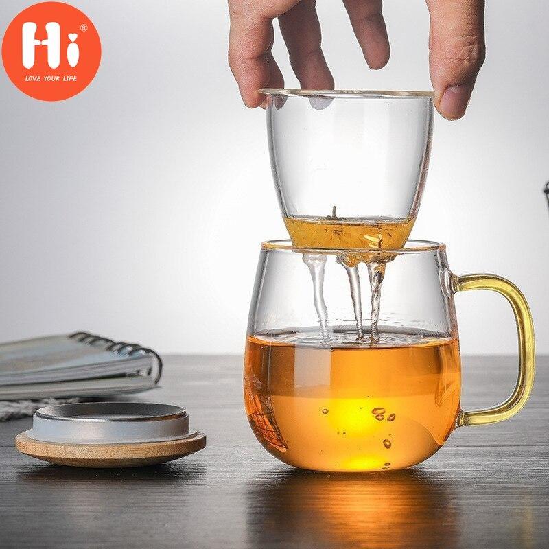 Hi Creative Glass Tea Infuser Cup With Transparent Filter Handle Bamboo Lid Heat-resistant Flower Teacup Office Tea Mug Drinkware