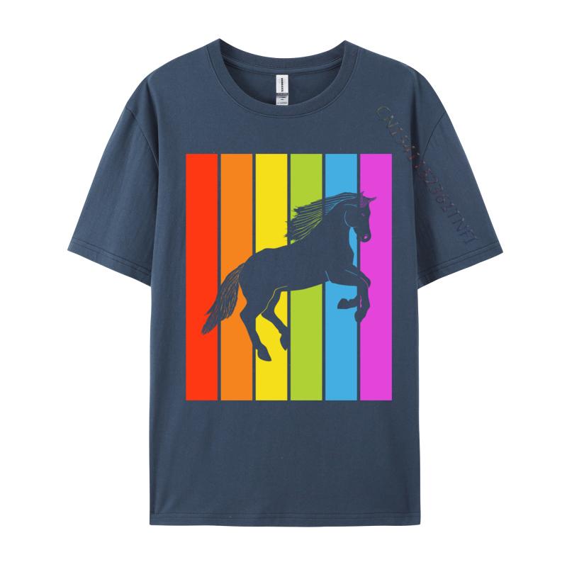 Cute Rainbow Horse Jumping Equestrian Image Casual Europe Tops Shirt Latest Cotton Tops Shirts Men's Men Tshirt Printed On